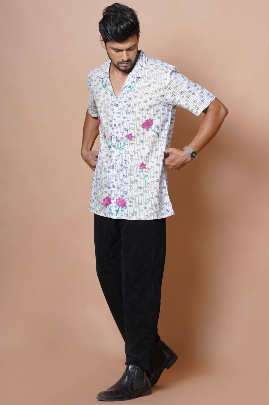 Lotus Hand Embroidered Mens Casual Shirt
