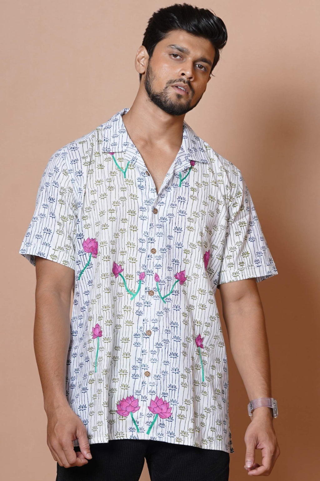 Lotus Hand Embroidered Mens Casual Shirt