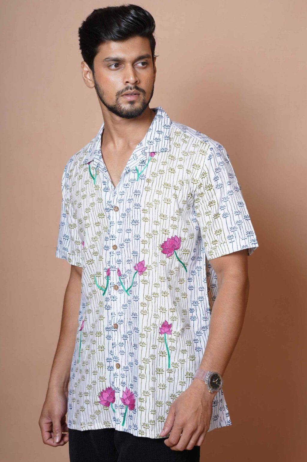 Lotus Hand Embroidered Mens Casual Shirt