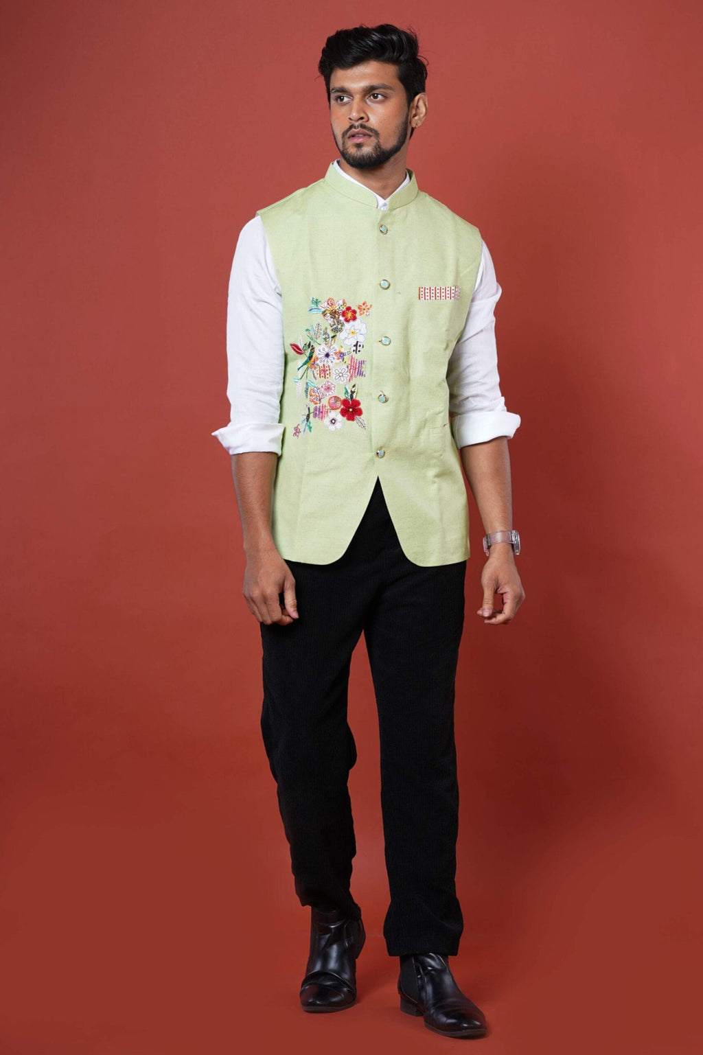 Light Pista Green Embroidered Birds Nehru Coat