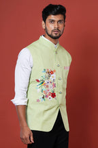 Light Pista Green Embroidered Birds Nehru Coat