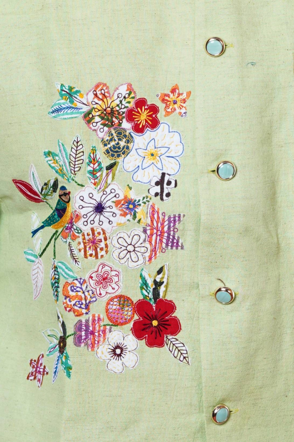 Light Pista Green Embroidered Birds Nehru Coat