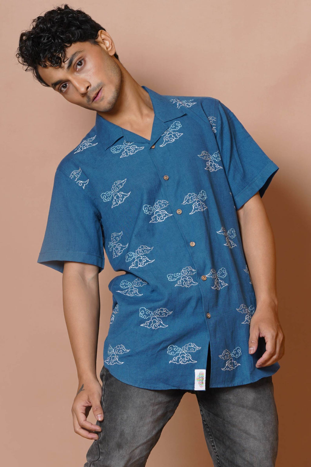 Mens Half Sleeve Chinese Cloud Embroidery Shirt