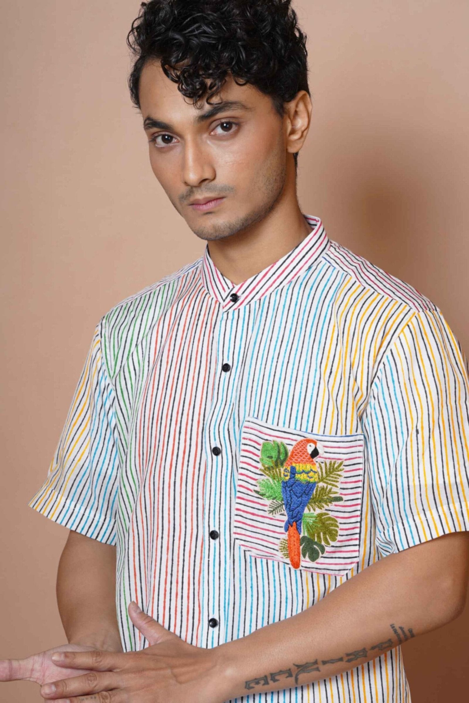 Mens Half Sleeve Macau Hand Embroidered Shirt