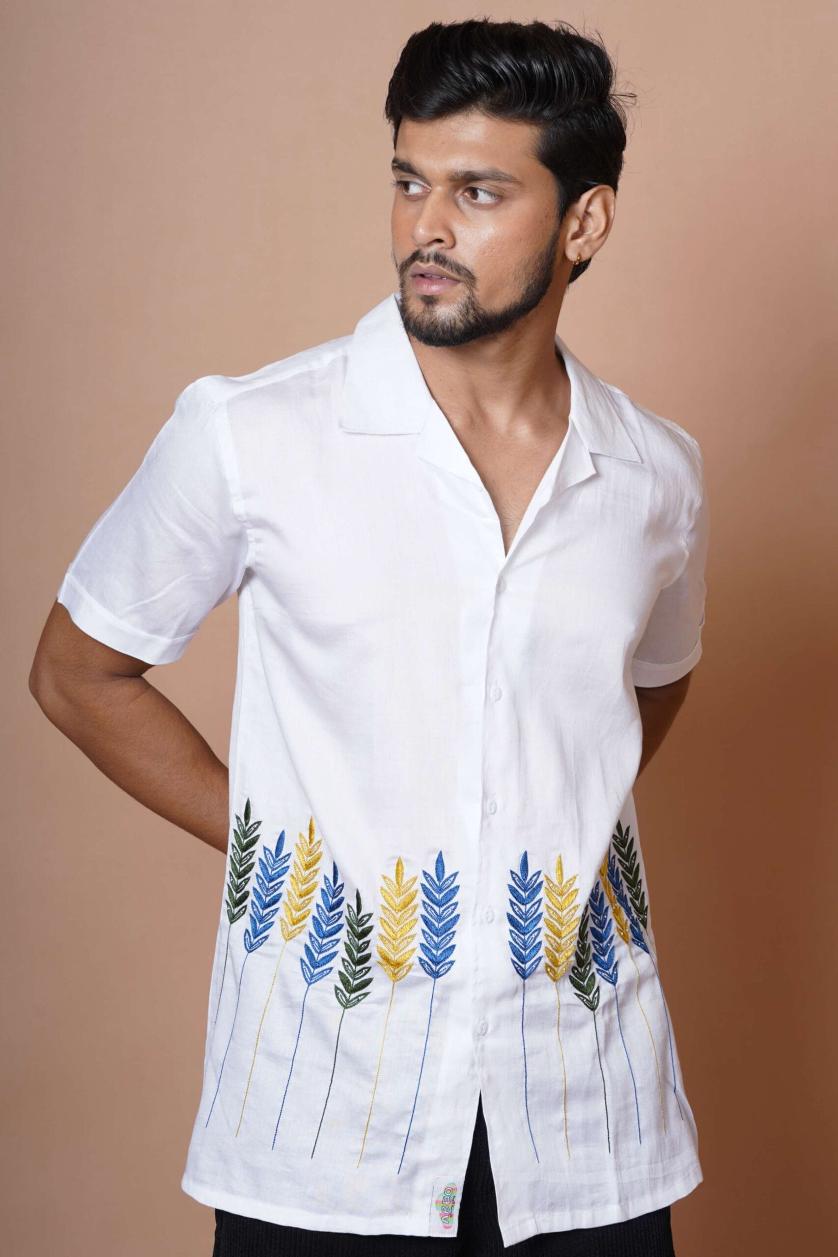 Mens Half Sleeve White Hand Embroidered Shirt