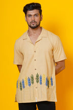 Mens Half Sleeves Beige Embroidered Shirt