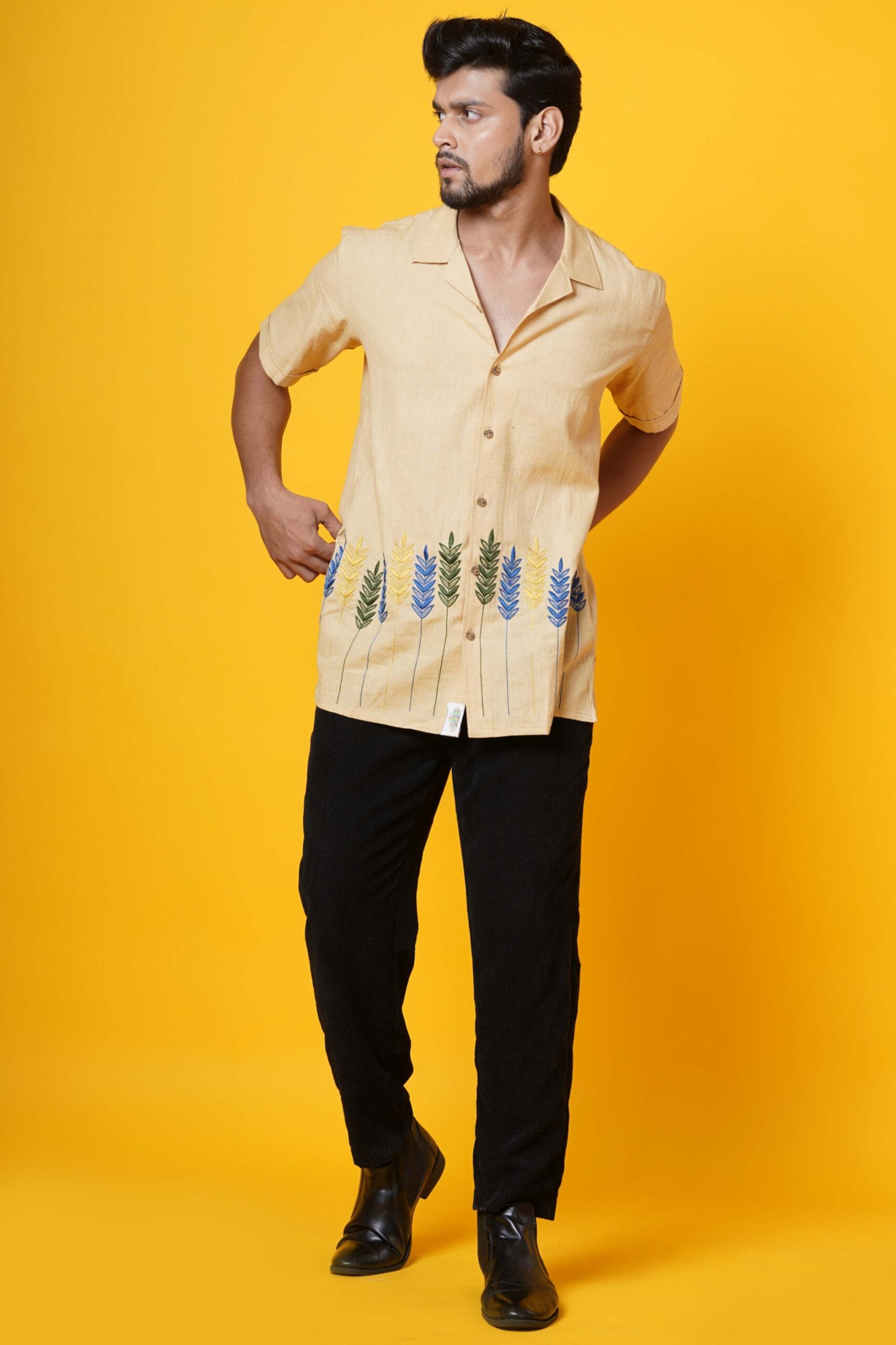 Mens Half Sleeves Beige Embroidered Shirt