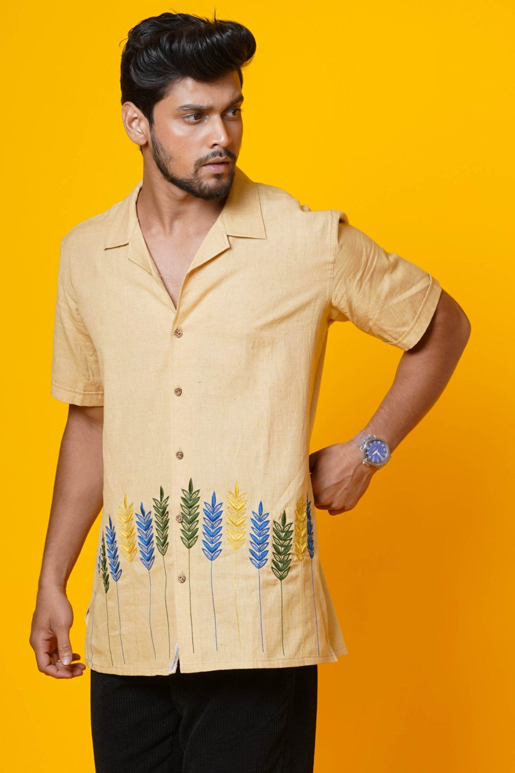Mens Half Sleeves Beige Embroidered Shirt