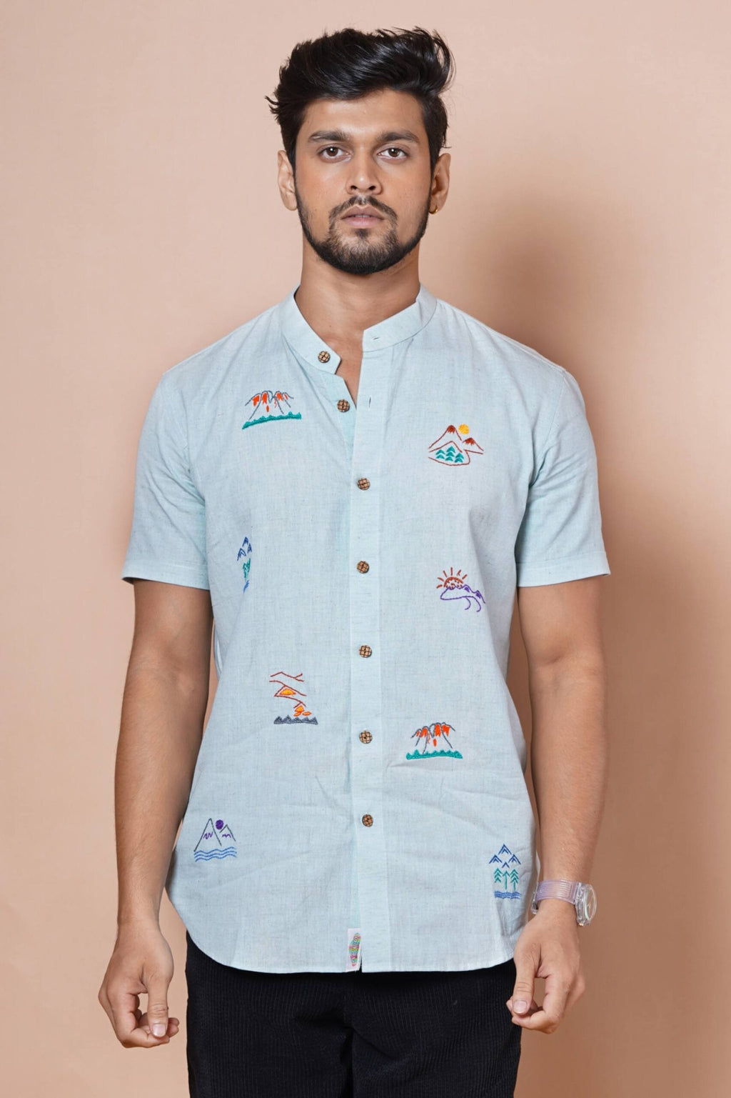 Mens Powder Blue Half Sleeves Shirt With  Hand Embroidery