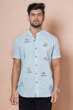 Mens Powder Blue Half Sleeves Shirt With  Hand Embroidery