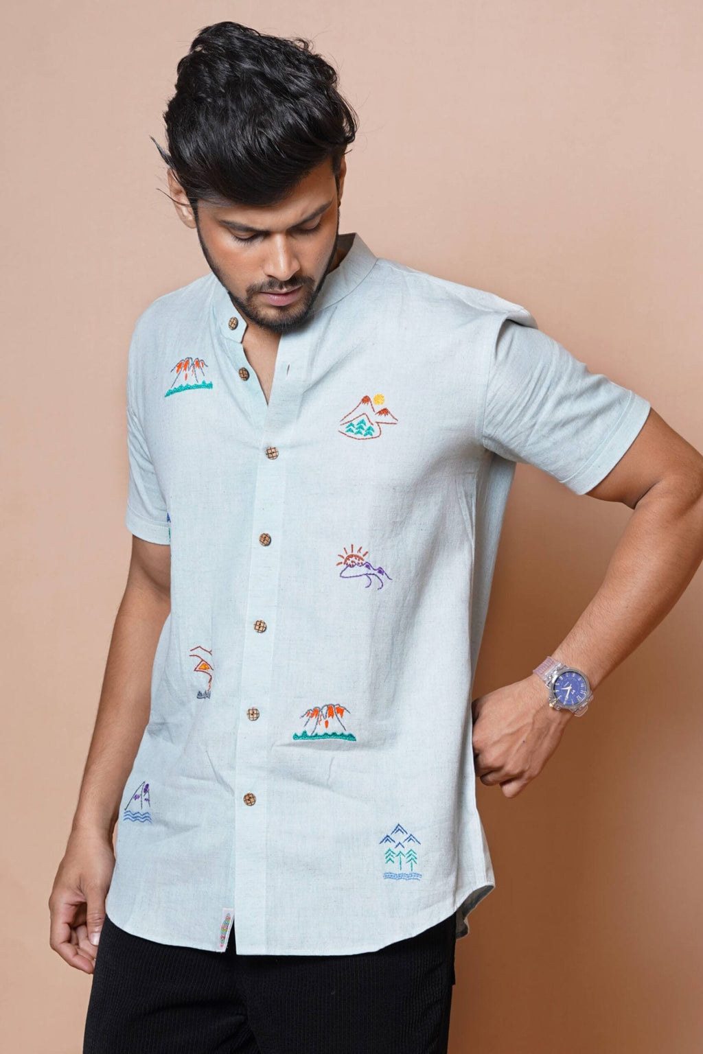 Mens Powder Blue Half Sleeves Shirt With  Hand Embroidery