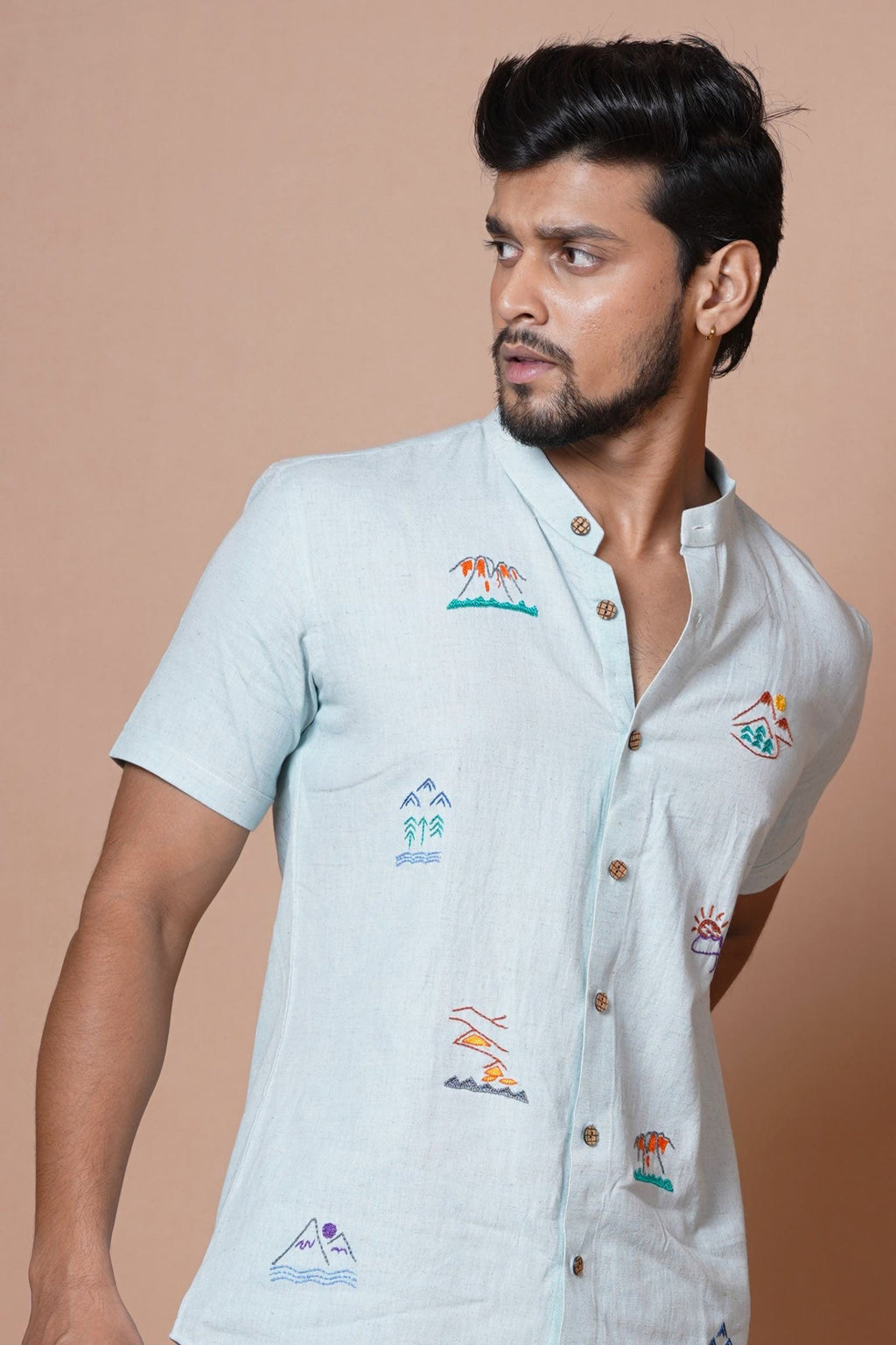 Mens Powder Blue Half Sleeves Shirt With  Hand Embroidery