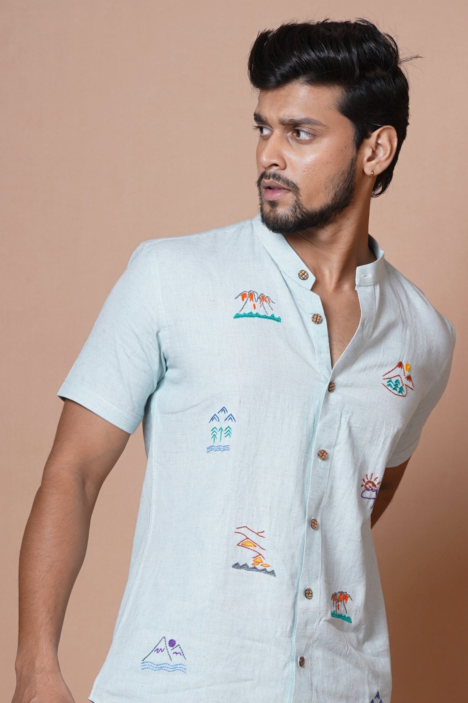 Mens Powder Blue Half Sleeves Shirt With  Hand Embroidery