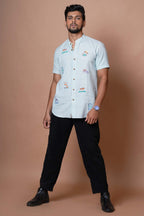 Mens Powder Blue Half Sleeves Shirt With  Hand Embroidery