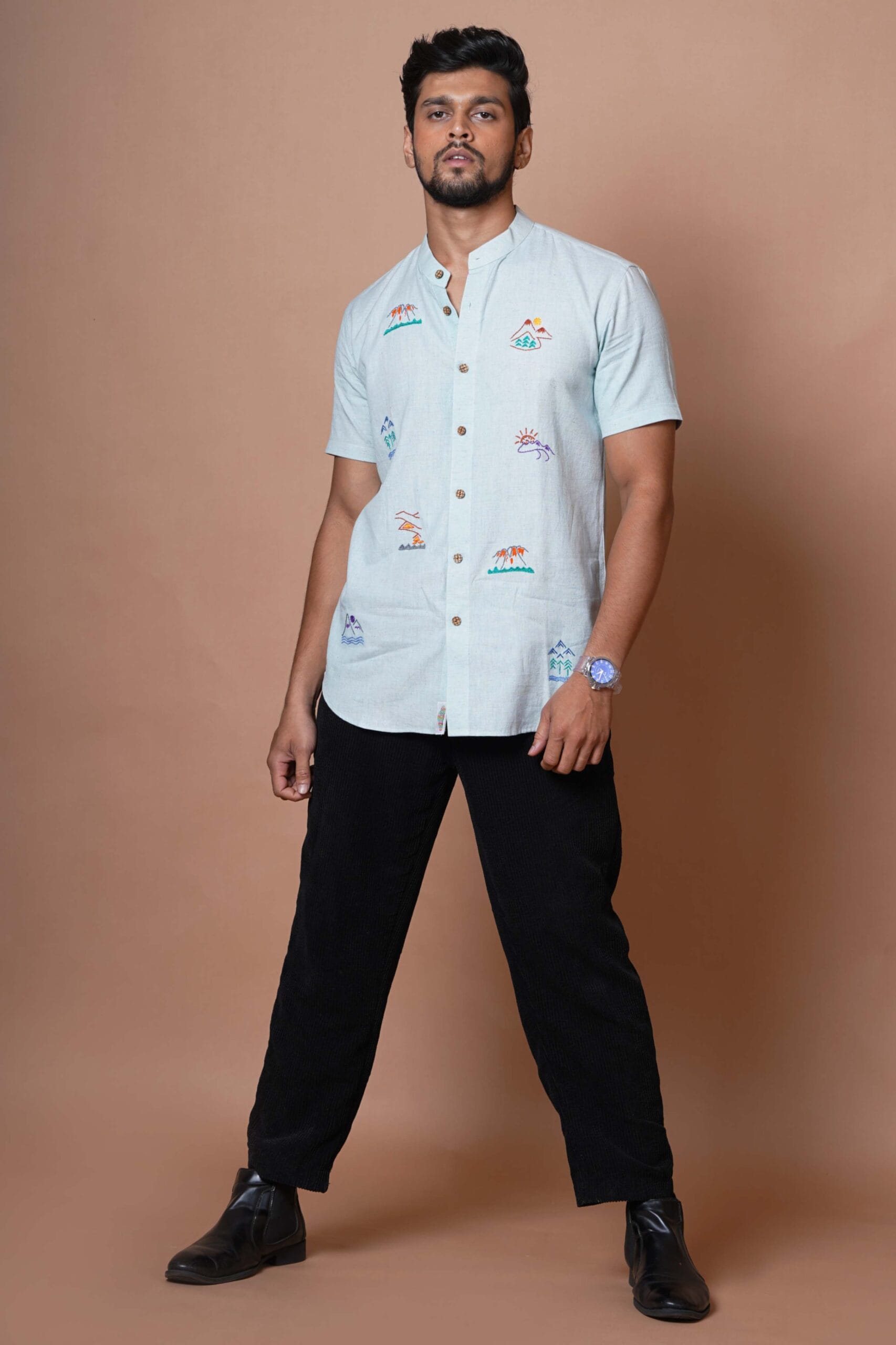 Mens Powder Blue Half Sleeves Shirt With  Hand Embroidery