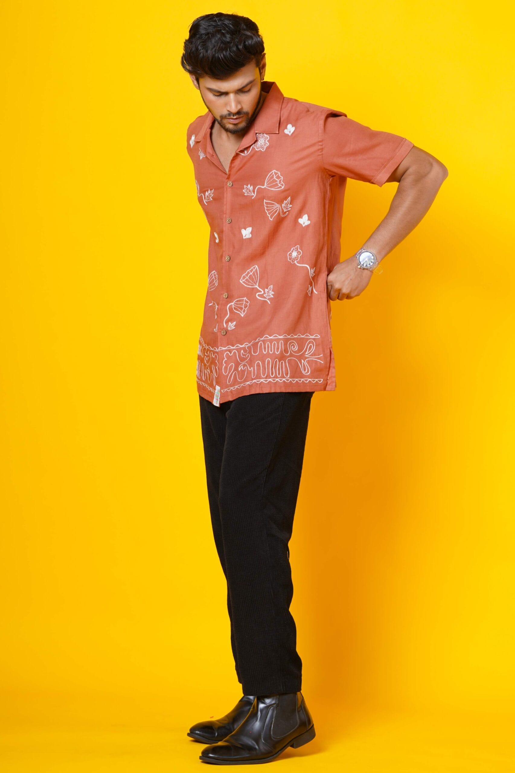 Mens Rust Colour Aari Embroidered Shirt