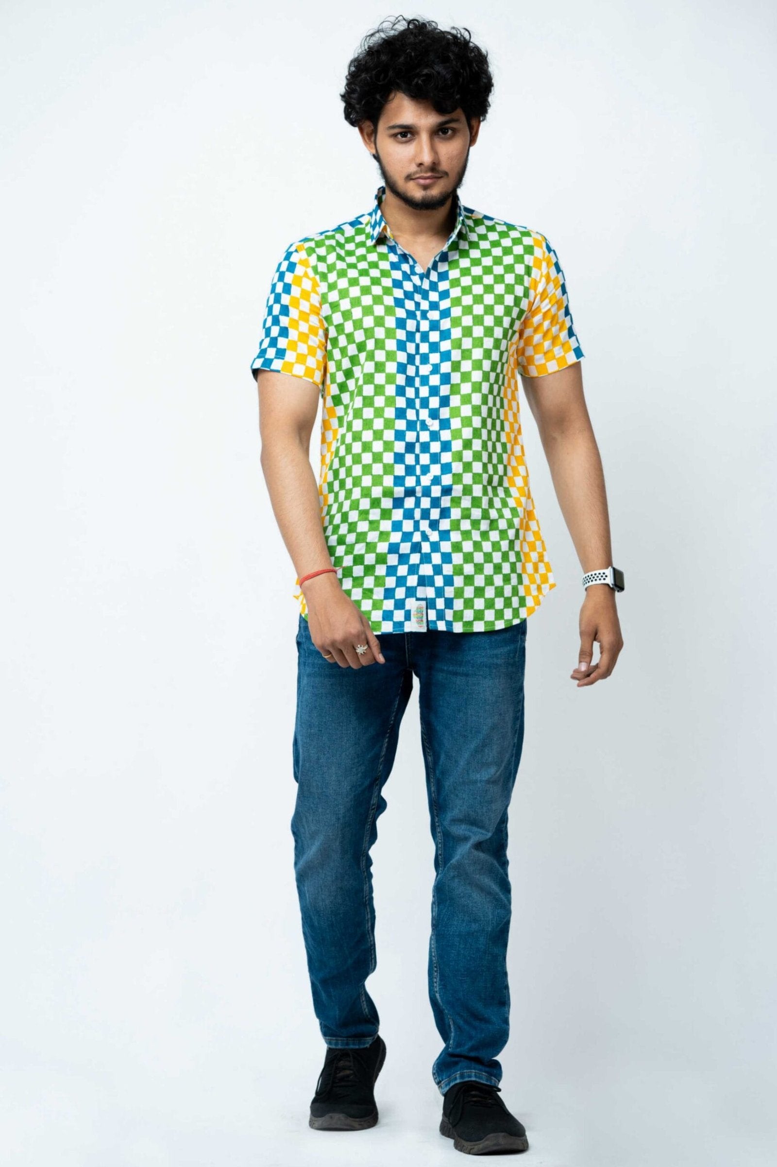 Multi Colour Block Print Mens Checks Shirt