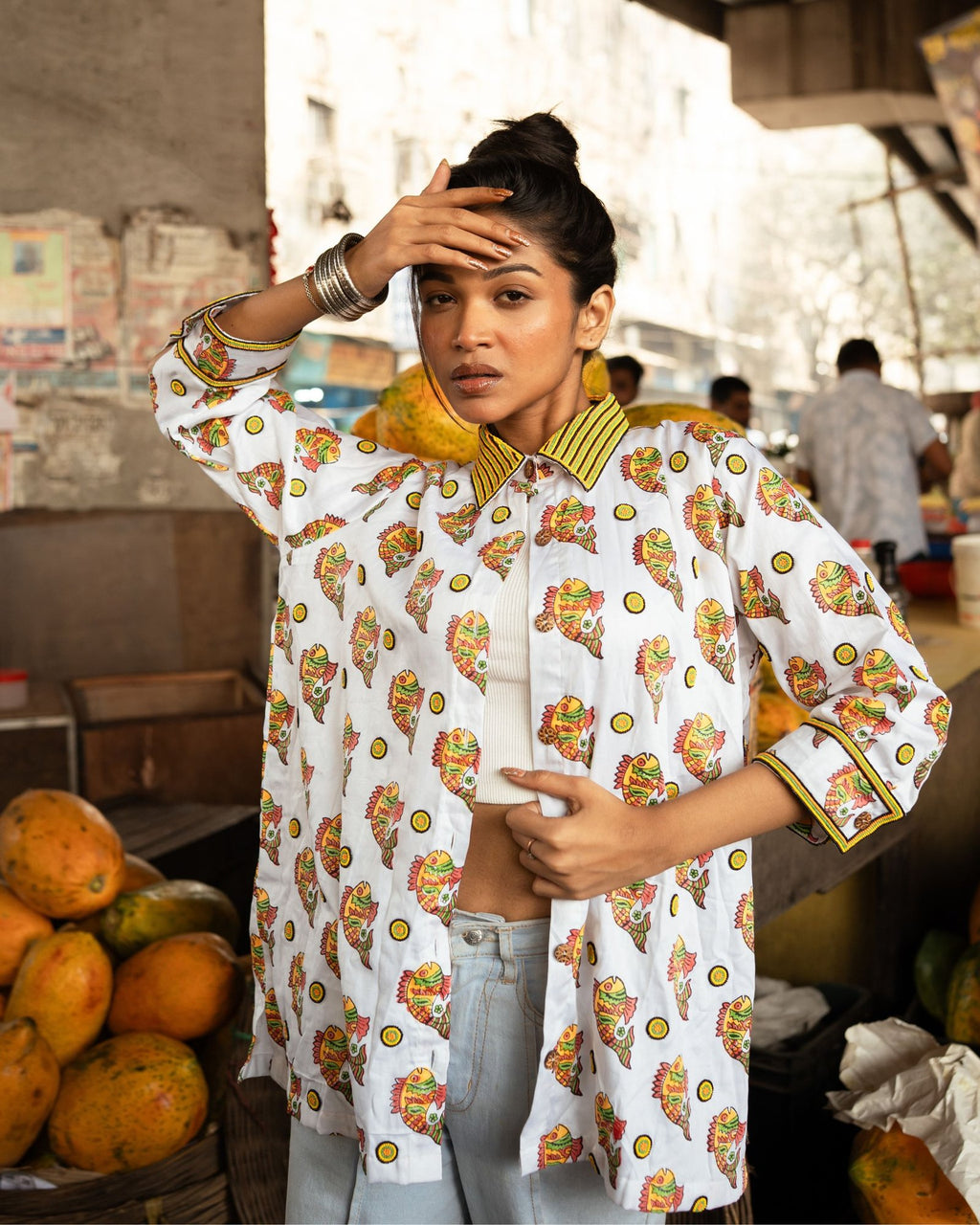 Women Hand Block Print Yellow Fish Pattern Shirt With Beads Embroidery