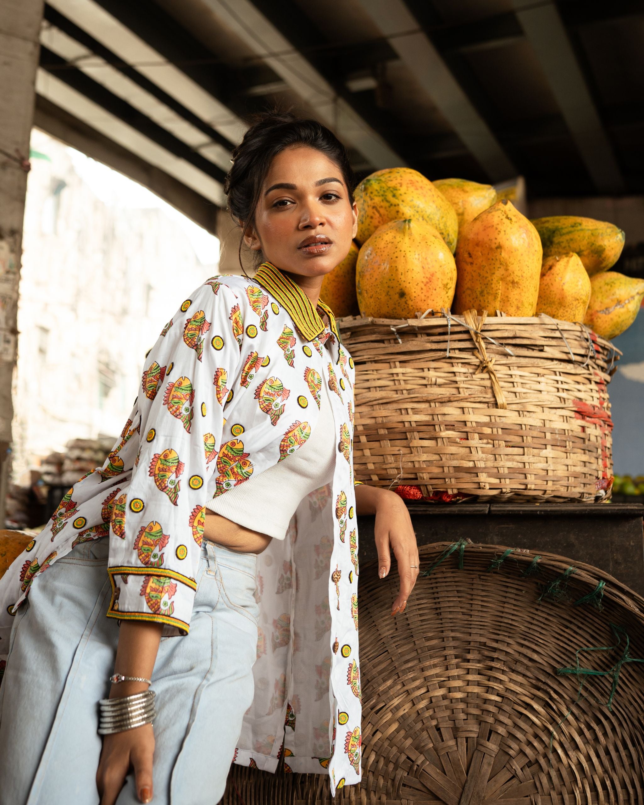 Women Hand Block Print Yellow Fish Pattern Shirt With Beads Embroidery