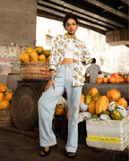 Women Hand Block Print Yellow Fish Pattern Shirt With Beads Embroidery