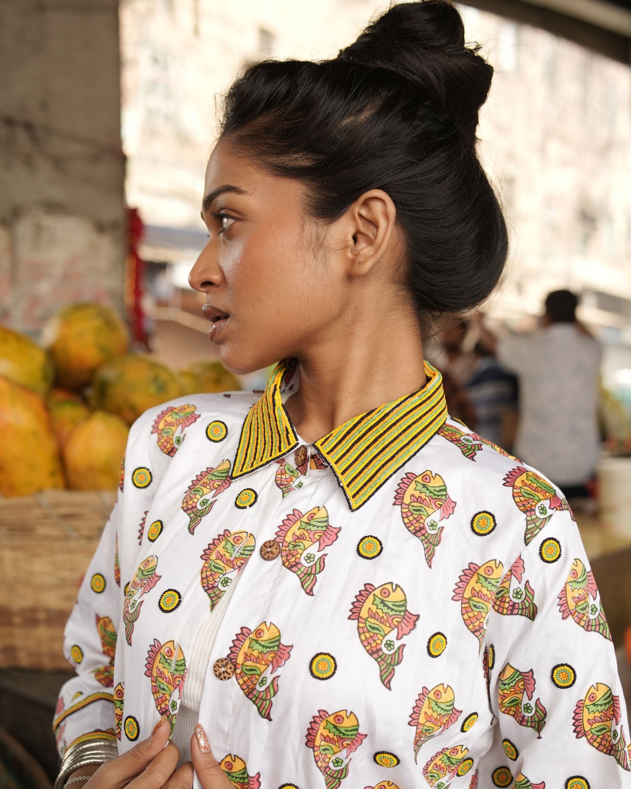 Women Hand Block Print Yellow Fish Pattern Shirt With Beads Embroidery