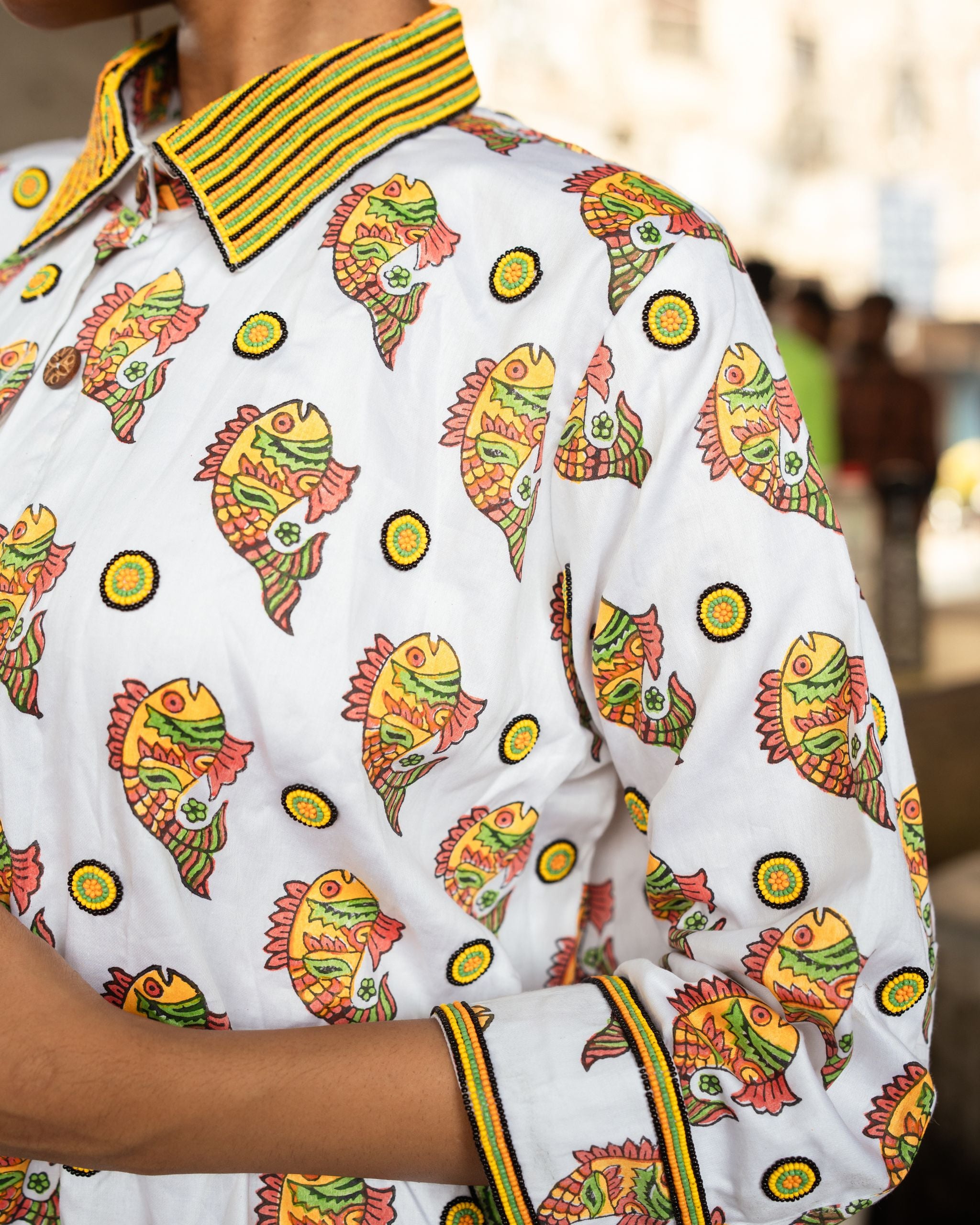 Women Hand Block Print Yellow Fish Pattern Shirt With Beads Embroidery