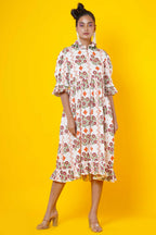 Orange Flower Block Print Cotton Midi Dress For Women