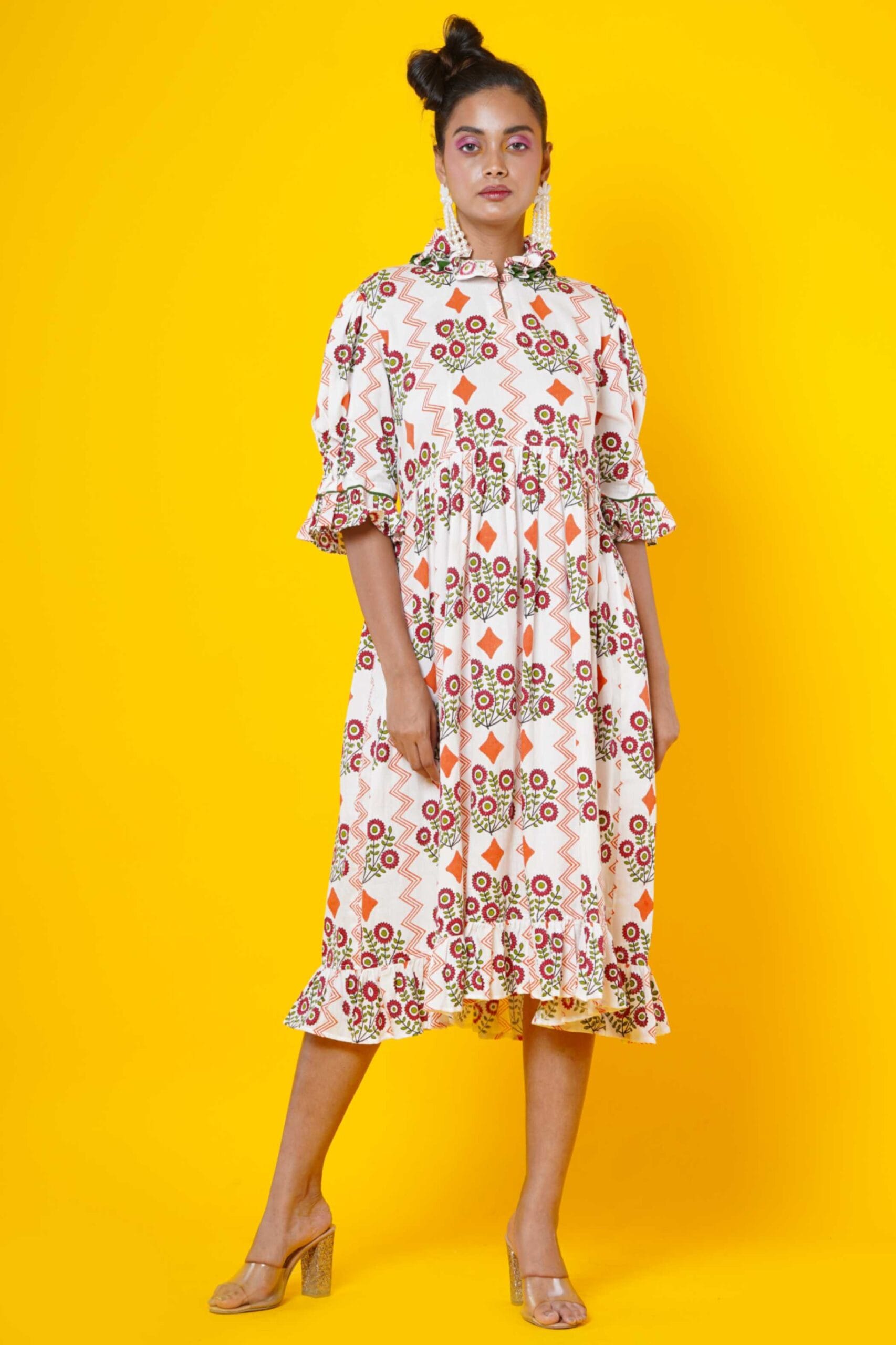 Orange Flower Block Print Cotton Midi Dress For Women