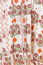 Orange Flower Block Print Cotton Midi Dress For Women