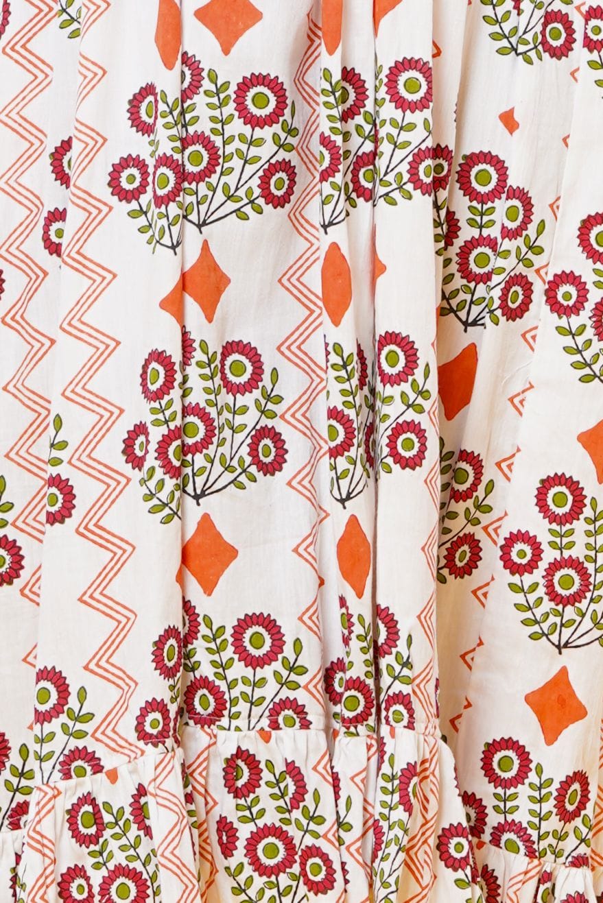 Orange Flower Block Print Cotton Midi Dress For Women
