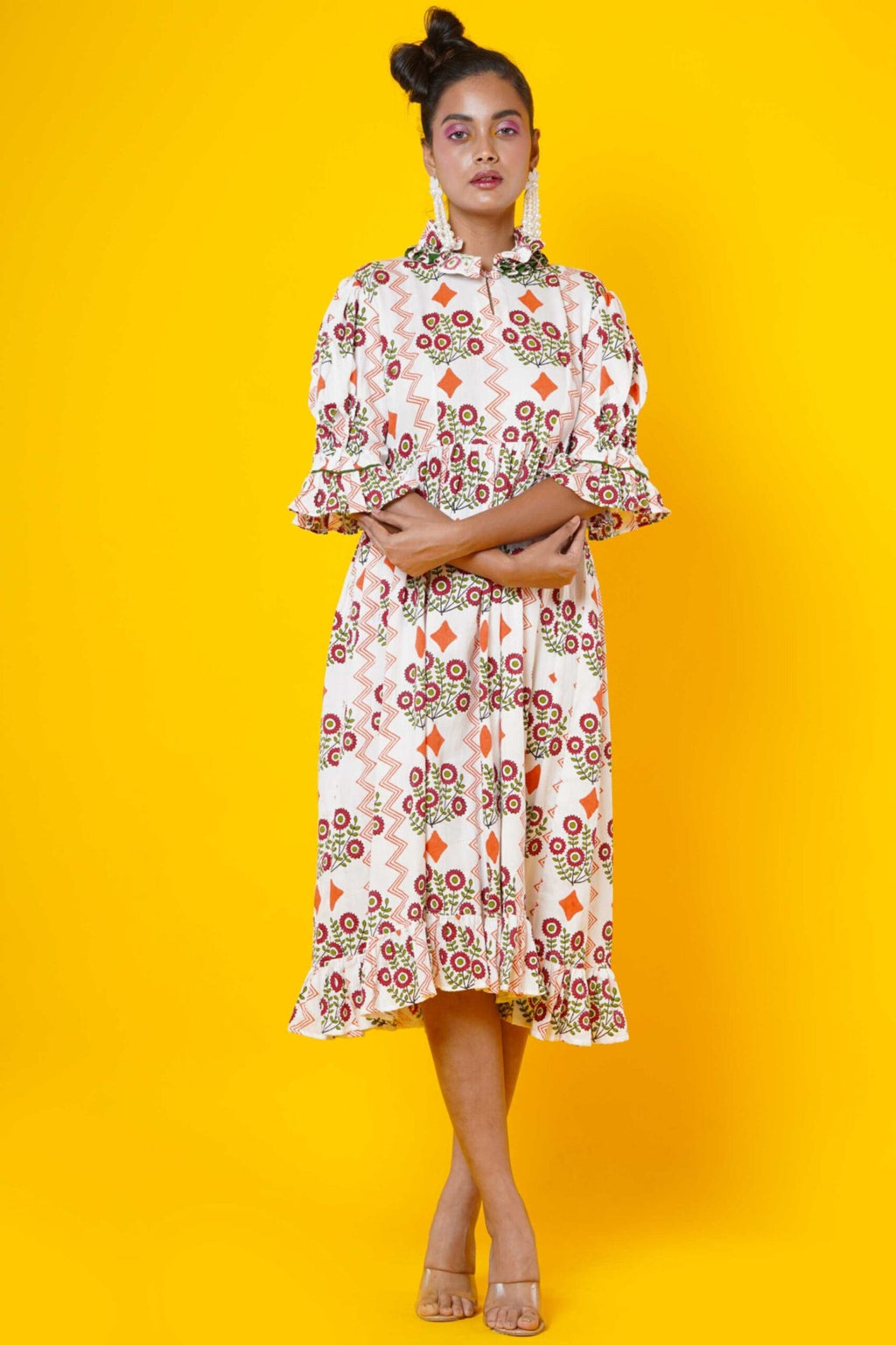 Orange Flower Block Print Cotton Midi Dress For Women