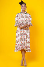 Orange Flower Block Print Cotton Midi Dress For Women
