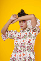 Orange Flower Block Print Cotton Midi Dress For Women
