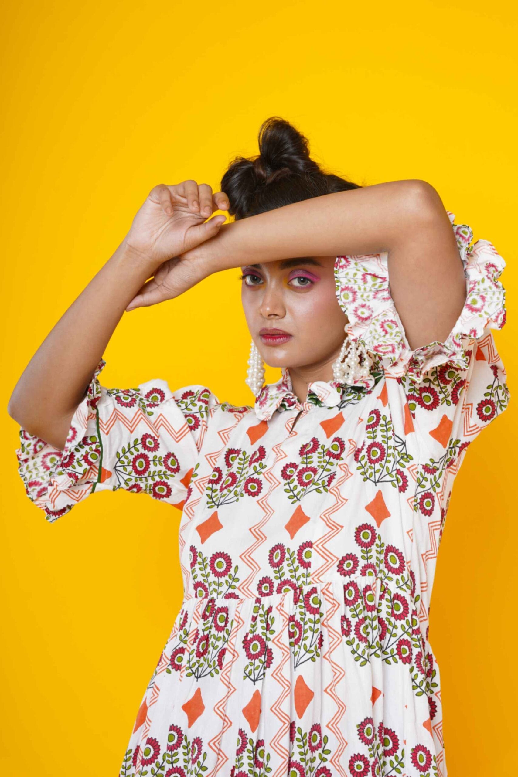 Orange Flower Block Print Cotton Midi Dress For Women