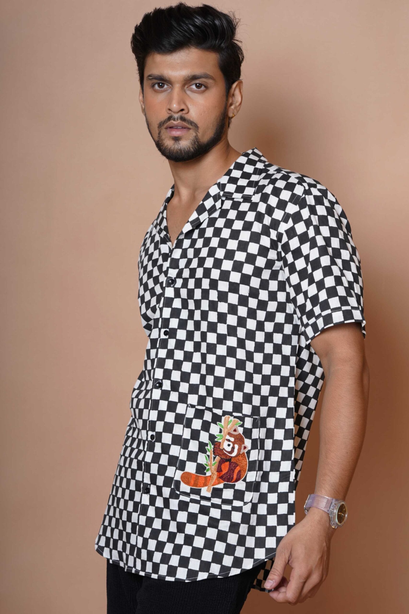 Panda Embroidered Mens Casual Half Sleeve Shirt