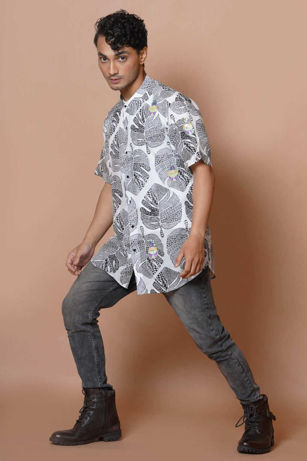 Pineapple Highlight Hand Embroidered Mens Half Sleeve Shirt