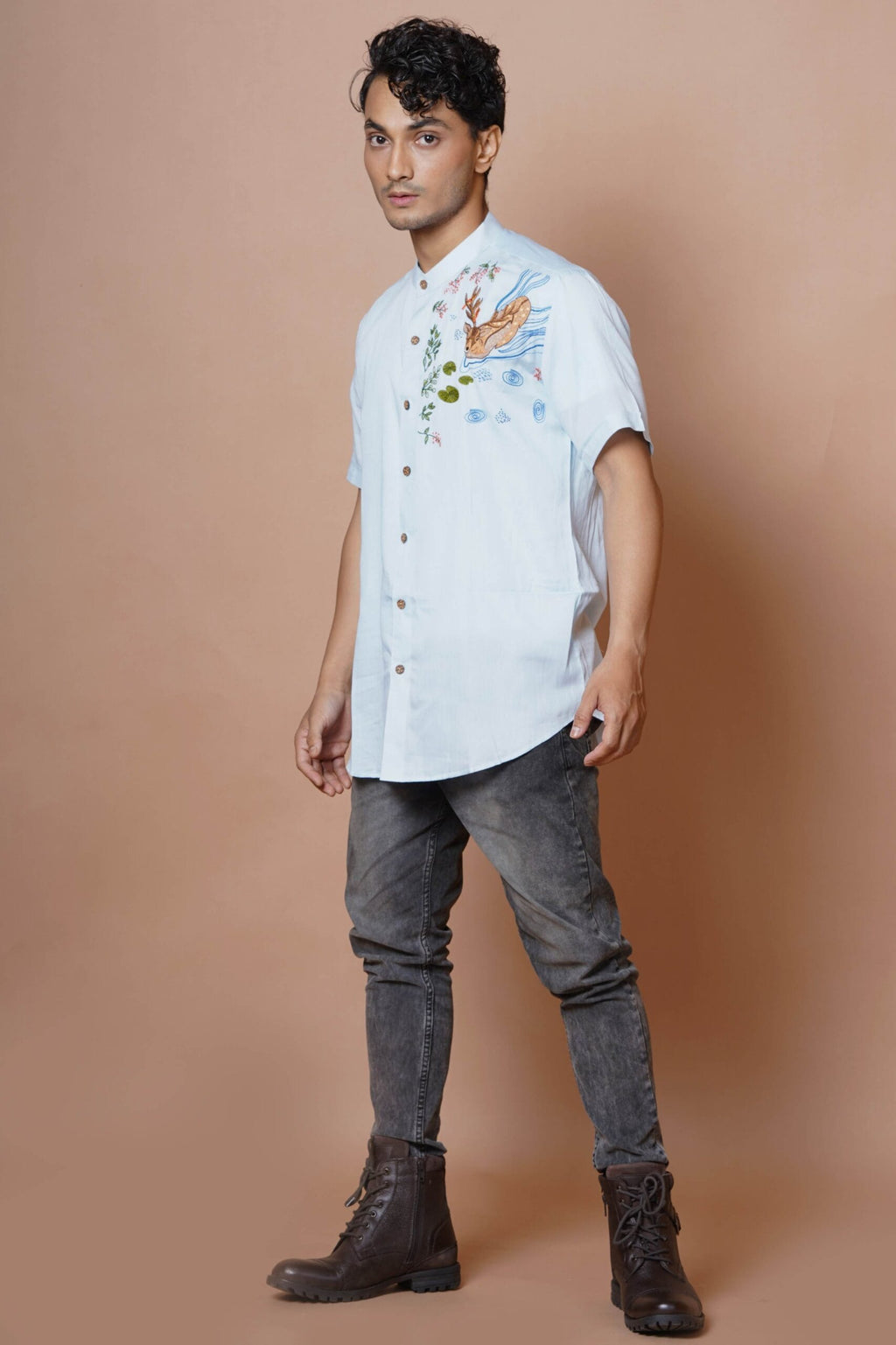 Powder Blue Deer Hand Embroidered Mens Half Sleeve Shirt
