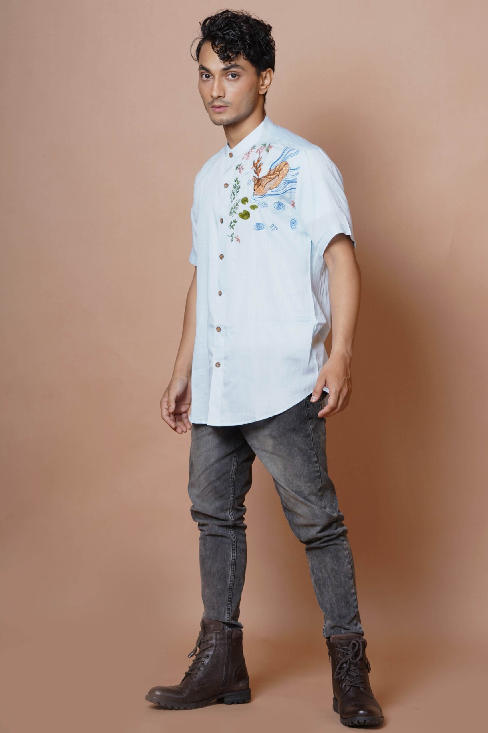Powder Blue Deer Hand Embroidered Mens Half Sleeve Shirt
