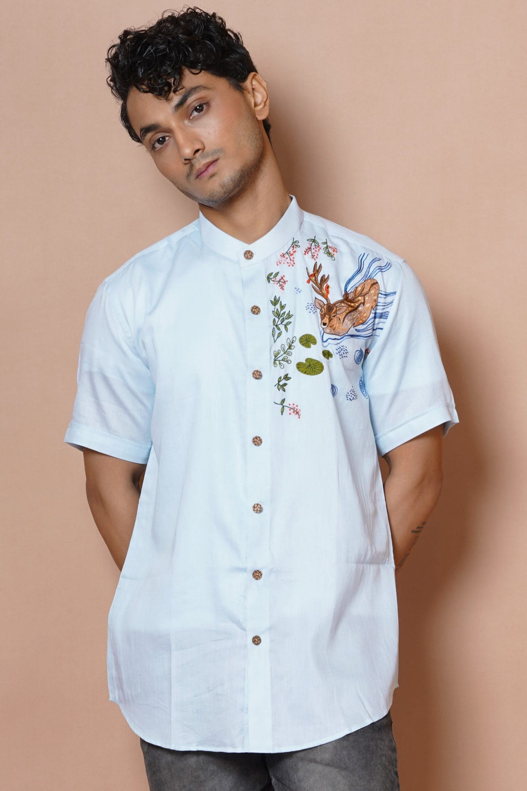Powder Blue Deer Hand Embroidered Mens Half Sleeve Shirt