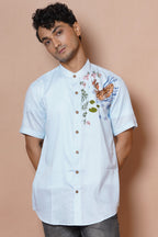 Powder Blue Deer Hand Embroidered Mens Half Sleeve Shirt