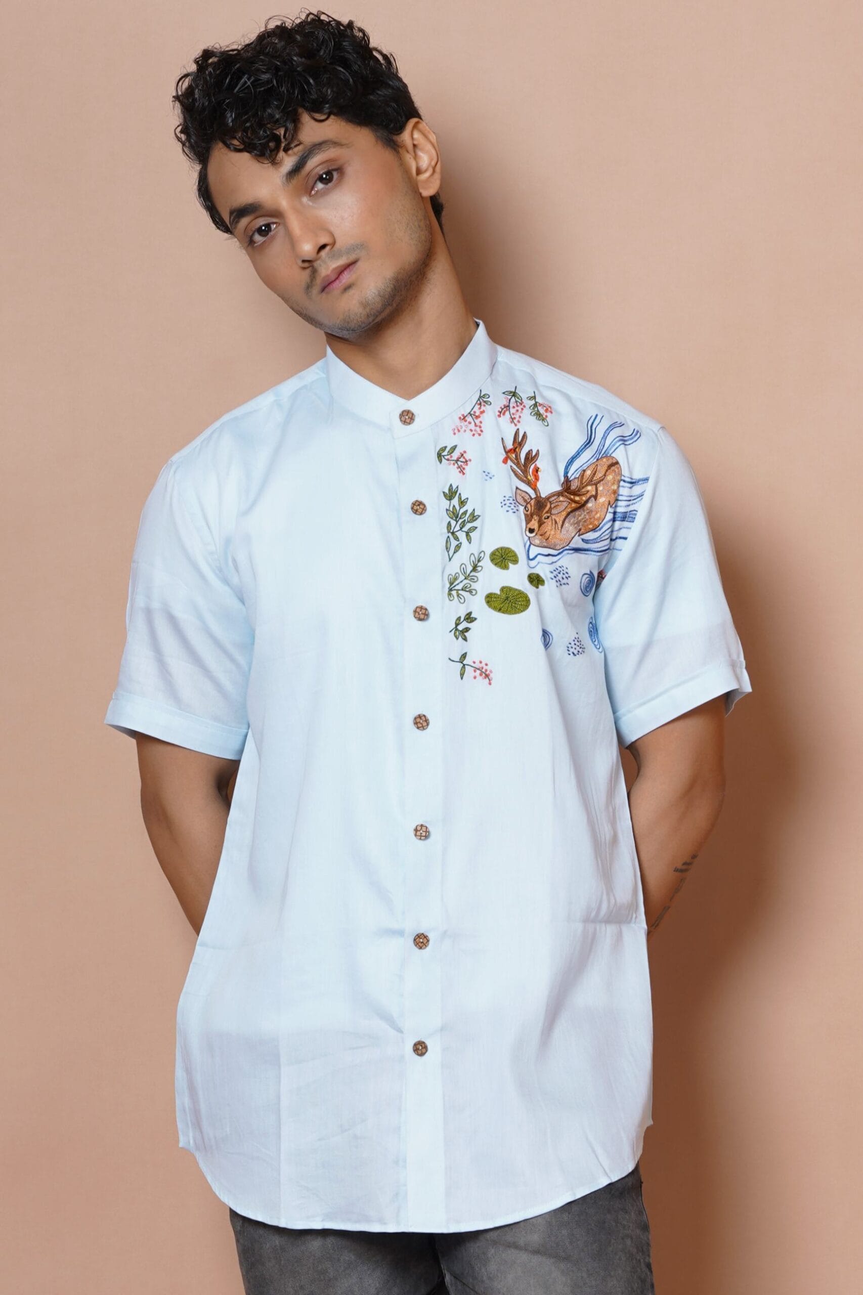 Powder Blue Deer Hand Embroidered Mens Half Sleeve Shirt