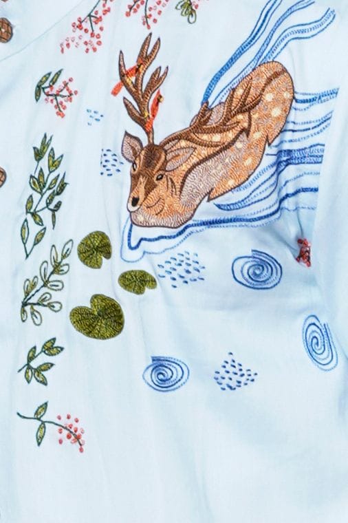 Powder Blue Deer Hand Embroidered Mens Half Sleeve Shirt