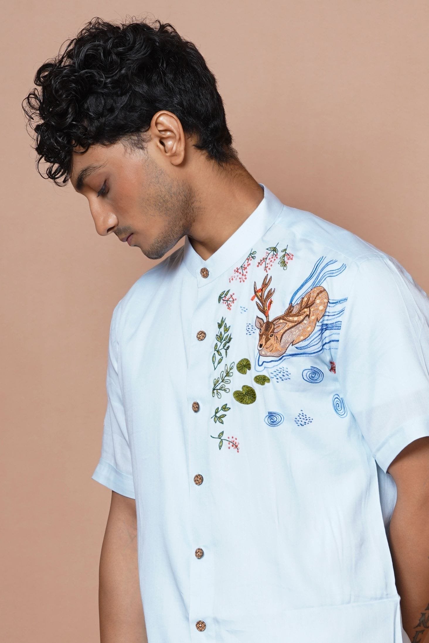 Powder Blue Deer Hand Embroidered Mens Half Sleeve Shirt