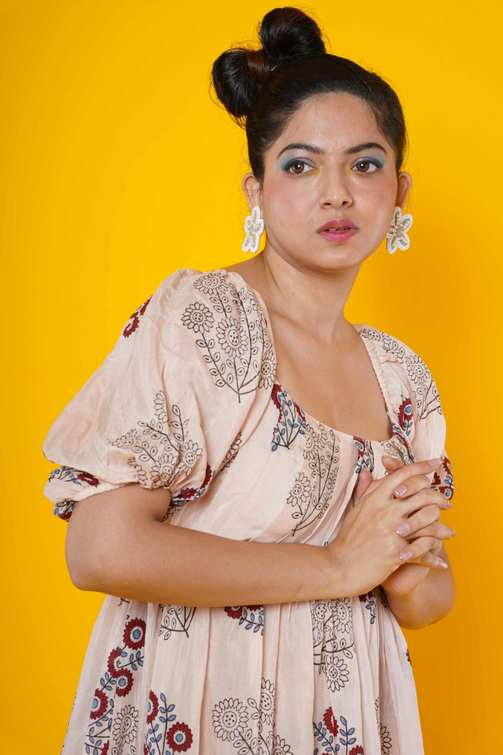 Peach Colour Muslin Block Print Dress With Pleated Yoke