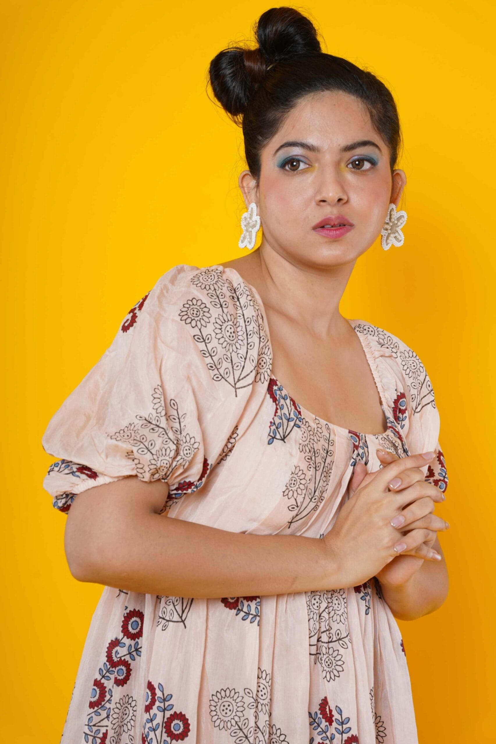 Peach Colour Muslin Block Print Dress With Pleated Yoke