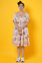 Peach Colour Muslin Block Print Dress With Pleated Yoke