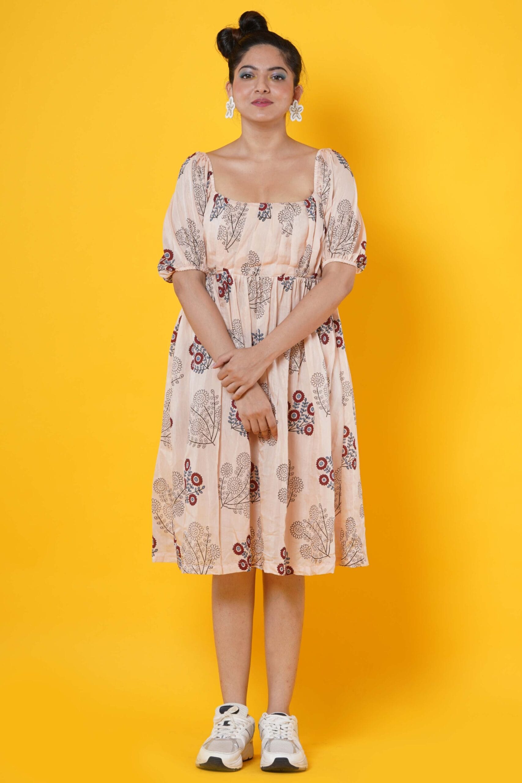 Peach Colour Muslin Block Print Dress With Pleated Yoke