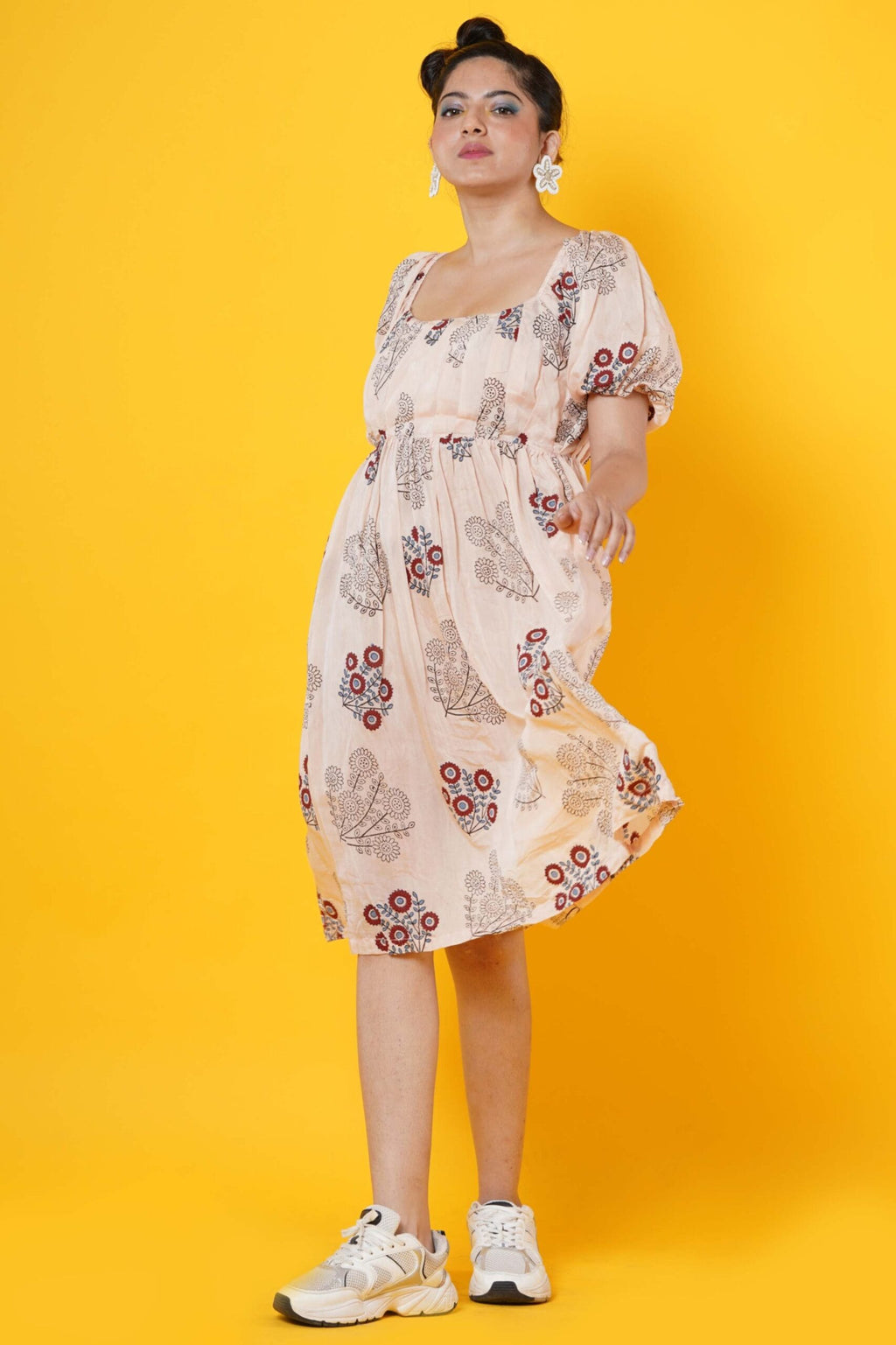 Peach Colour Muslin Block Print Dress With Pleated Yoke