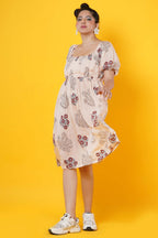 Peach Colour Muslin Block Print Dress With Pleated Yoke