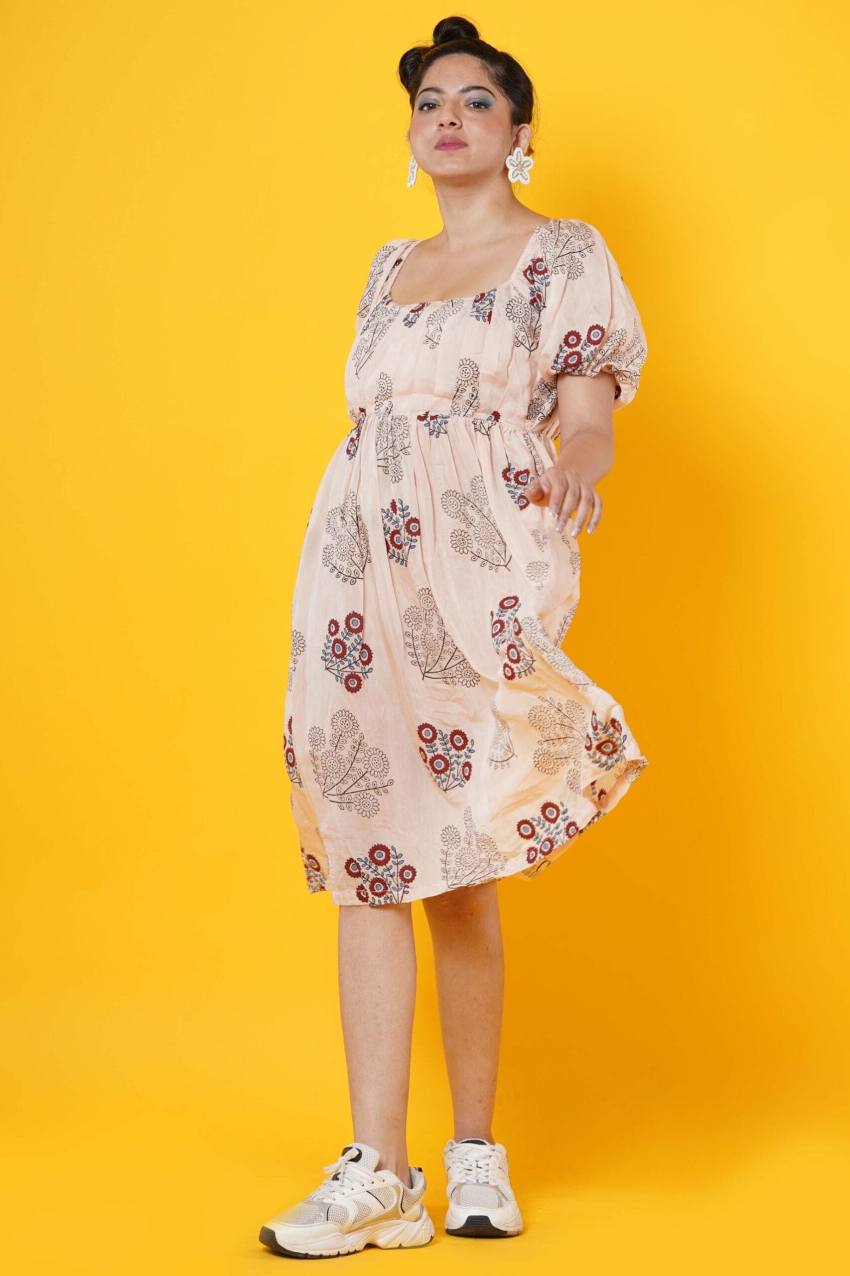 Peach Colour Muslin Block Print Dress With Pleated Yoke